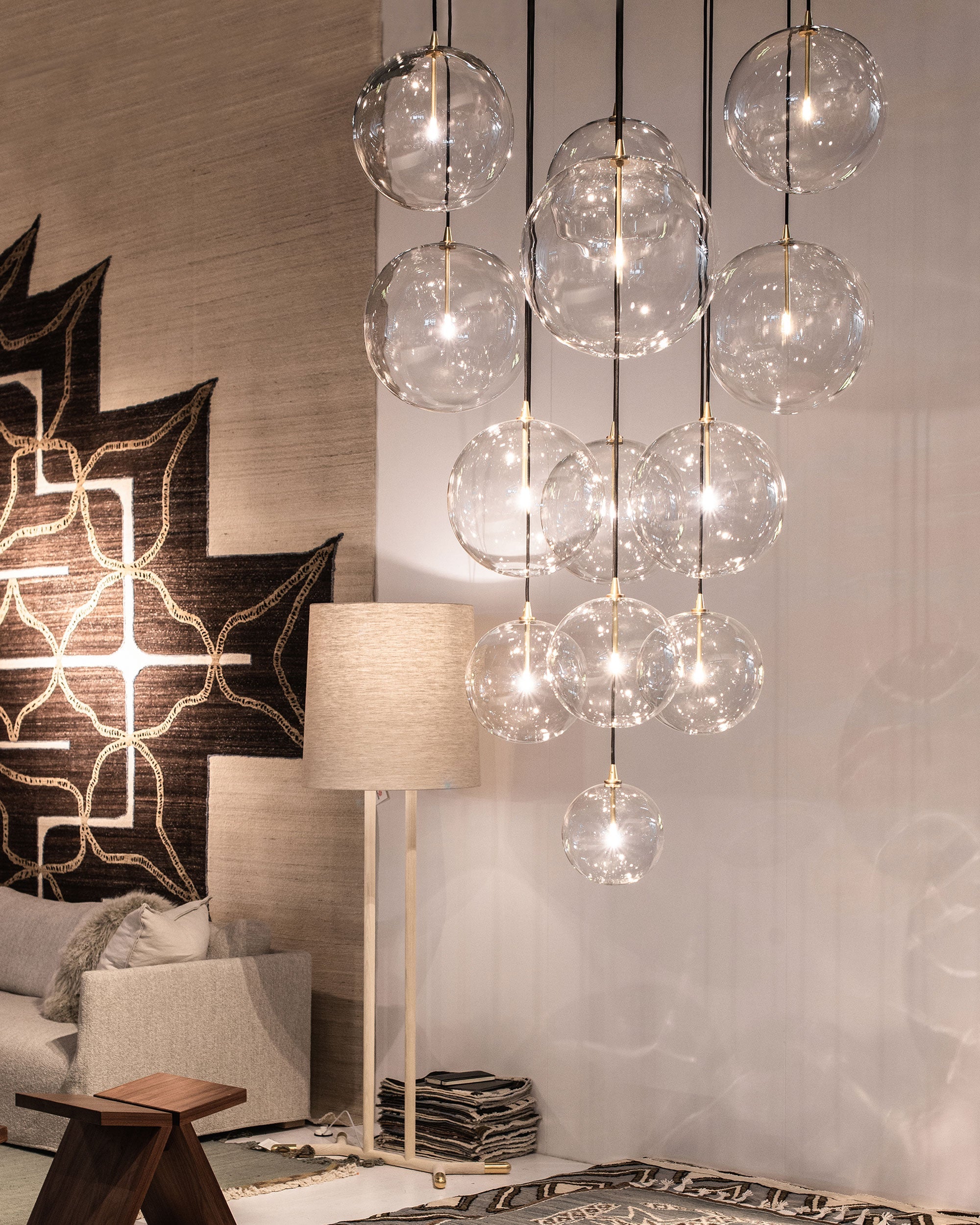 Schwung Cluster 13 Polished Nickel Transparent Globe Mix Chandelier